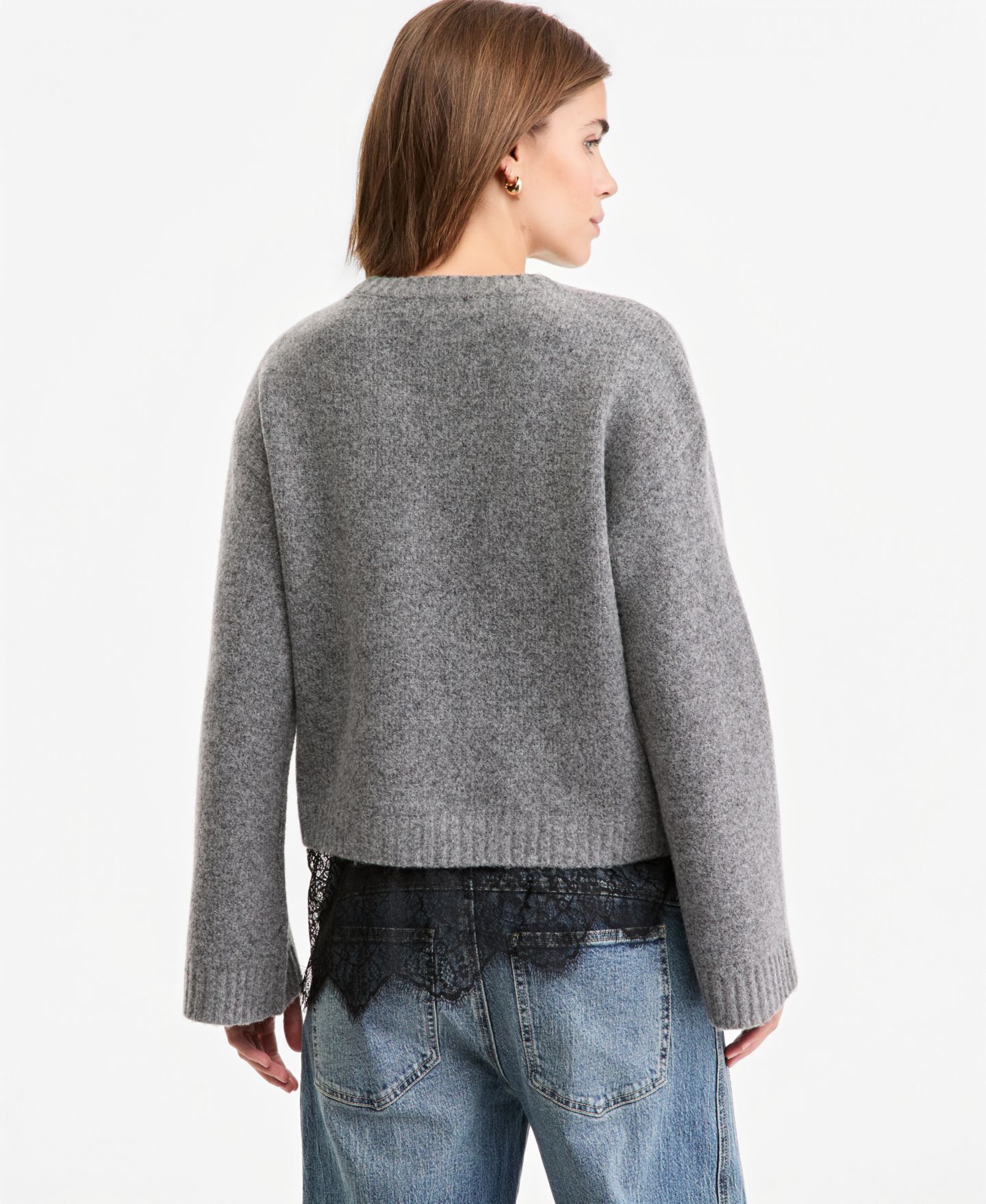 Женский свитер And Now This Petite Long-Sleeve Crewneck Lace, цвет: Меланжевый серый — фото 3