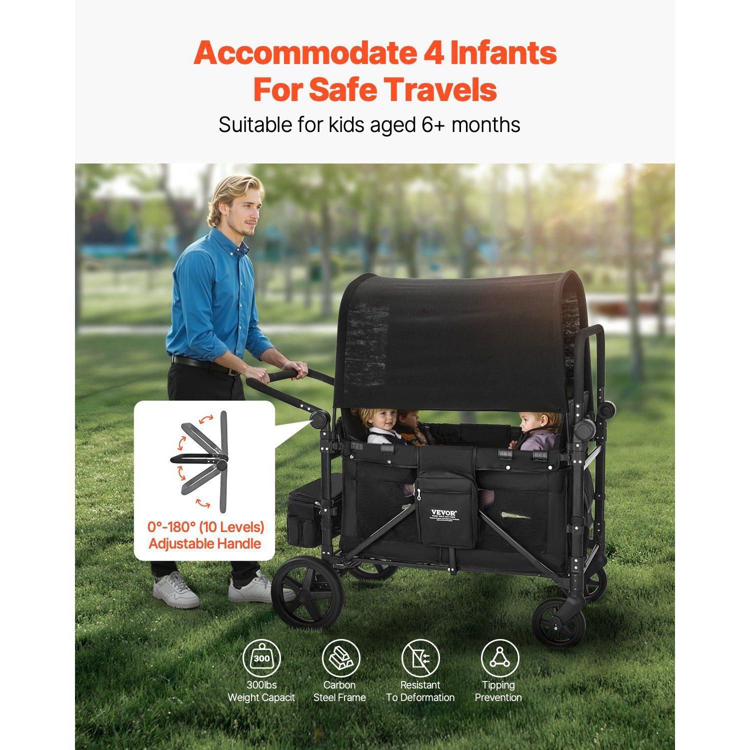 Wagon Stroller for 4 Kids, Adjustable Handle,5-Point Harness, Removable Canopy,330LBS, Camping