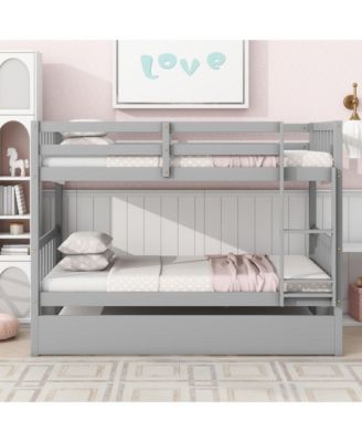 Bunk Bed Twin Over Twin, Convertible with Ladder and Safety Guardrails, Rubber Wood