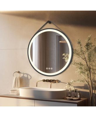 28" Circle Hanging Vanity Mirror for Wall with Leather Strap 3 Colors Dimmable for Bedroom Entryway