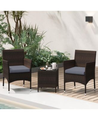 3 Pieces Outdoor Conversation Set with Cushioned Seat and Glass Tabletop