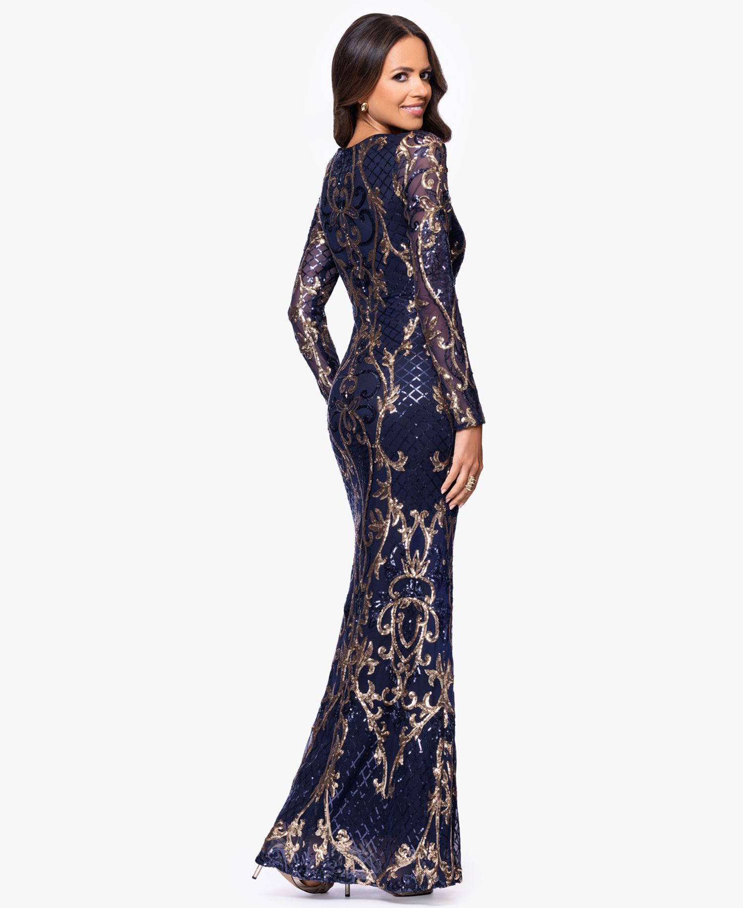 Betsy & Adam Petite Sequinned Mesh-Sleeve Evening Gown