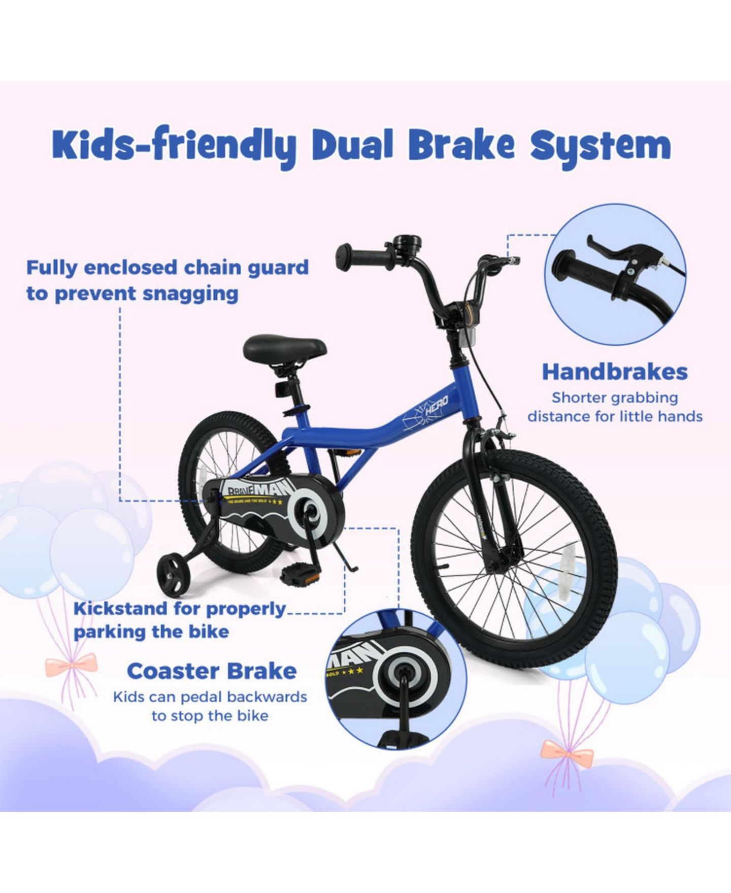 Детская игрушка HONGGE 18-Inch Kids Bike with Removable Training Wheels and Dual Hand Brakes, 132 lbs Capacity, 4–8 лет, цвет: Тёмно-синий — фото 7