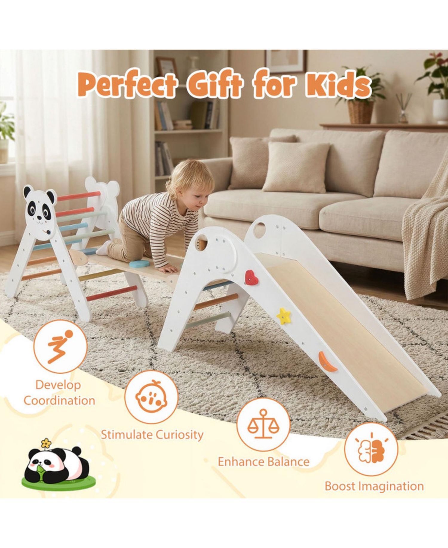 Ages 3+ Montessori Foldable 3-Piece Climbing Triangle, Slide, and Balance Bridge Set