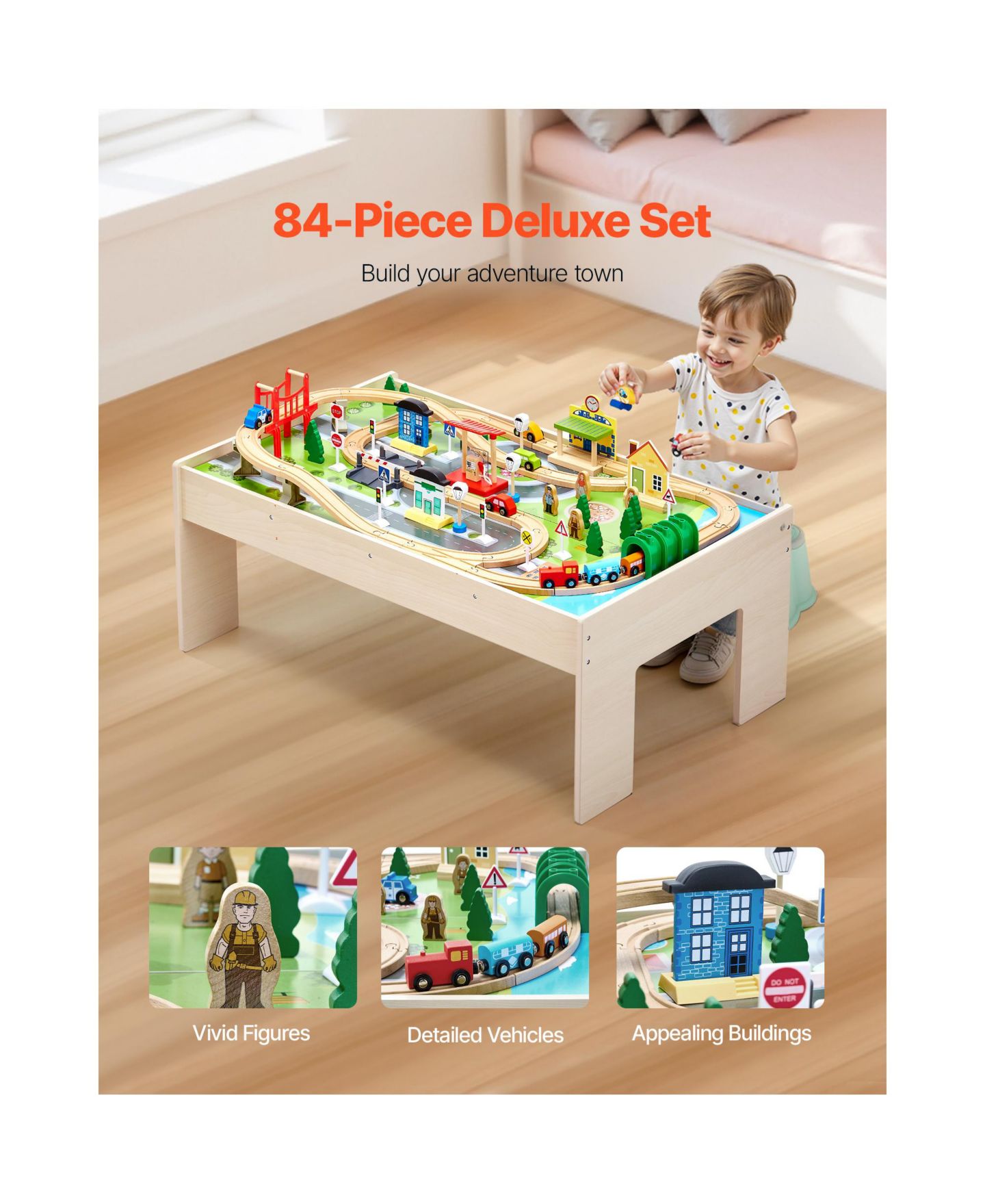 Детские игрушки HONGGE 84-Piece Reversible Tabletop Wooden Train Table with Collapsible Storage Bin, цвет: Зелёный / Коричневый — фото 3