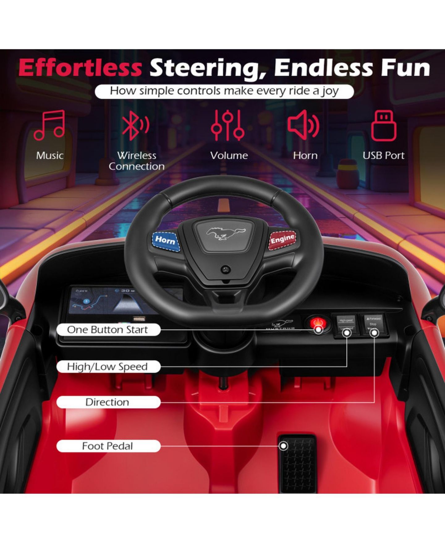 Детская игрушка HONGGE 12V Electric Coupe Ride-On with Parent Control, 36" x 22" x 17", Ages 3-8, цвет: Красный — фото 4