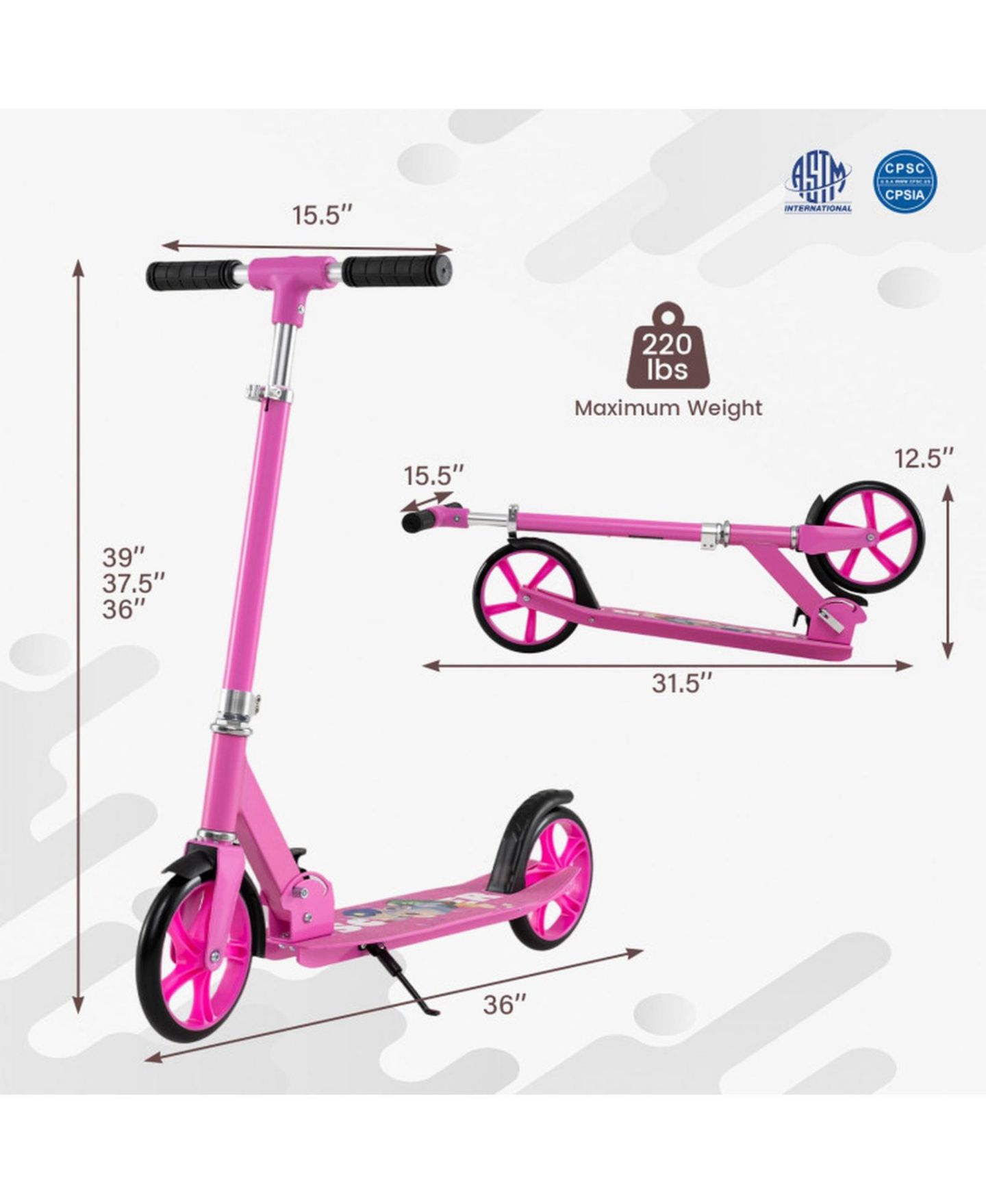 Детская игрушка SUGIFT Folding Aluminum Alloy Scooter with 3 Adjustable Heights for Kids and Adults, цвет: Розовый — фото 3