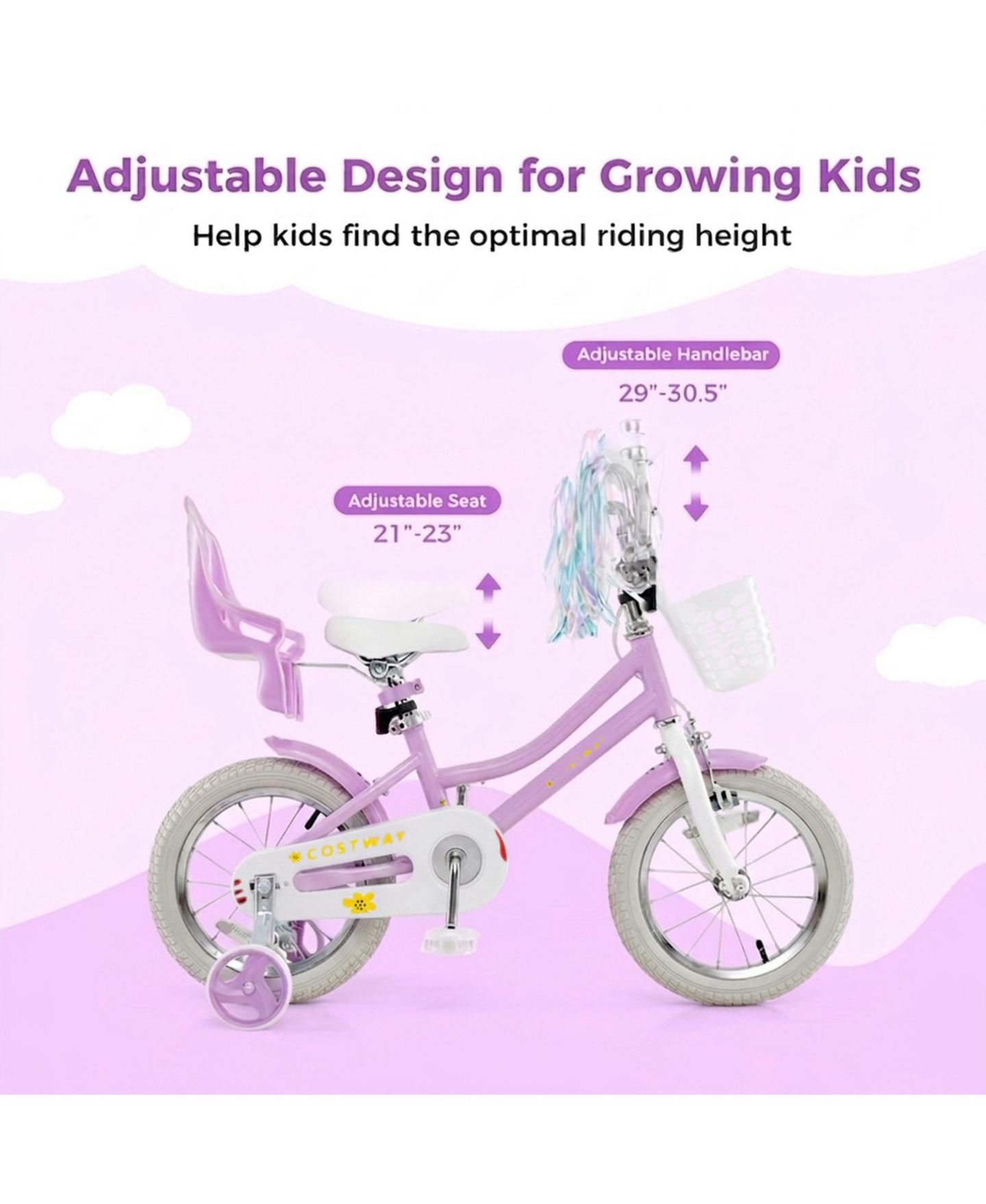 Детская игрушка HONGGE 14-Inch Girls Bike with Doll Seat, Dual Brake System & Training Wheels, Ages 3-5, цвет: Розовый красный — фото 5