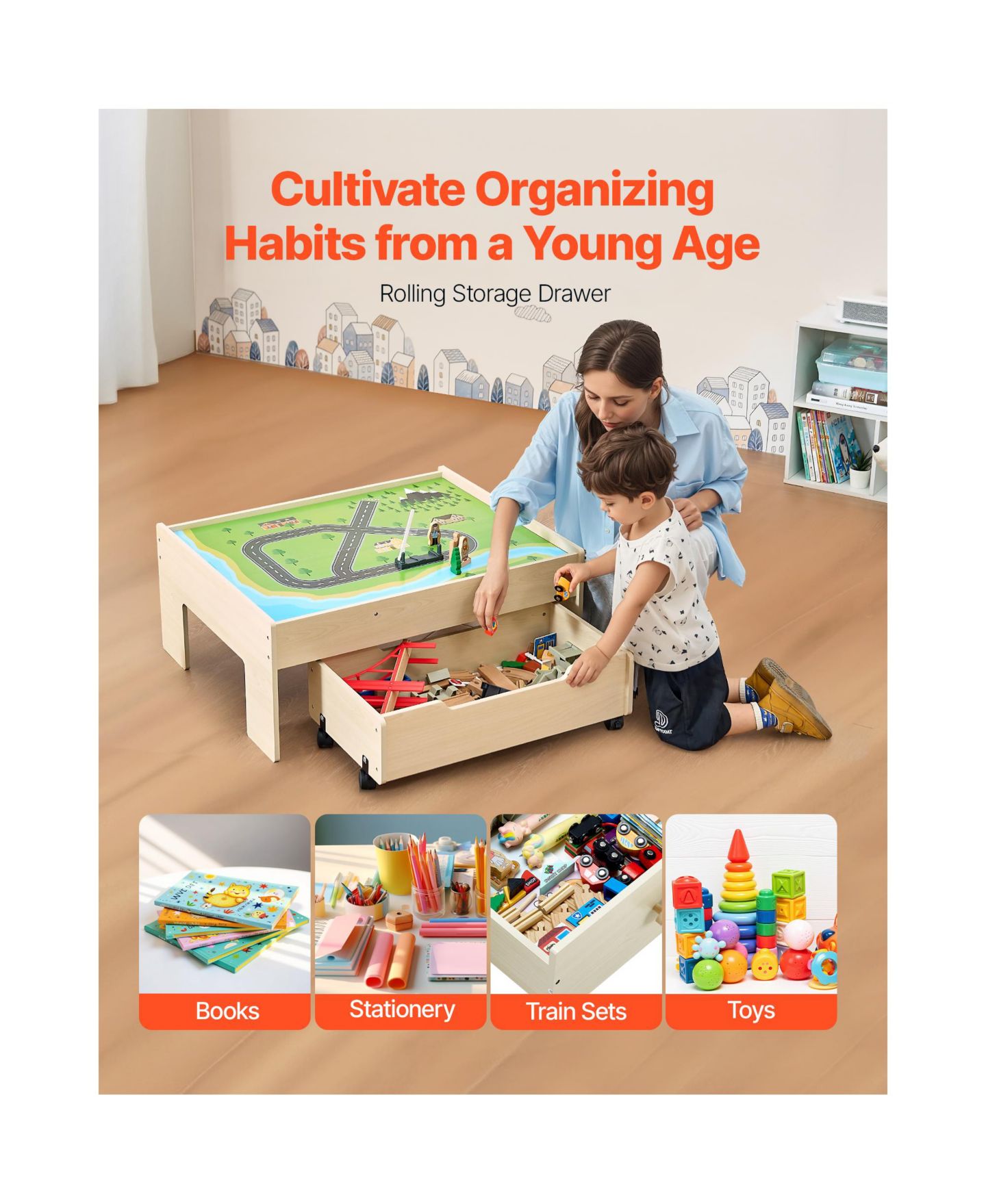 Детские игрушки HONGGE 3-in-1 100-Piece Reversible Wooden Train Table, цвет: Натуральный — фото 8