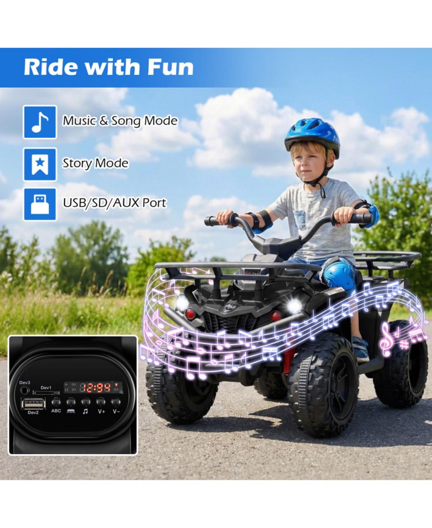 Детская игрушка HONGGE 24V Kids Electric Ride-On Quad ATV, Dual Motors, LED Headlights & Off-Road, 39.5" x 21" x 22", 66 lbs., Ages 3+, цвет: Чёрный — фото 5