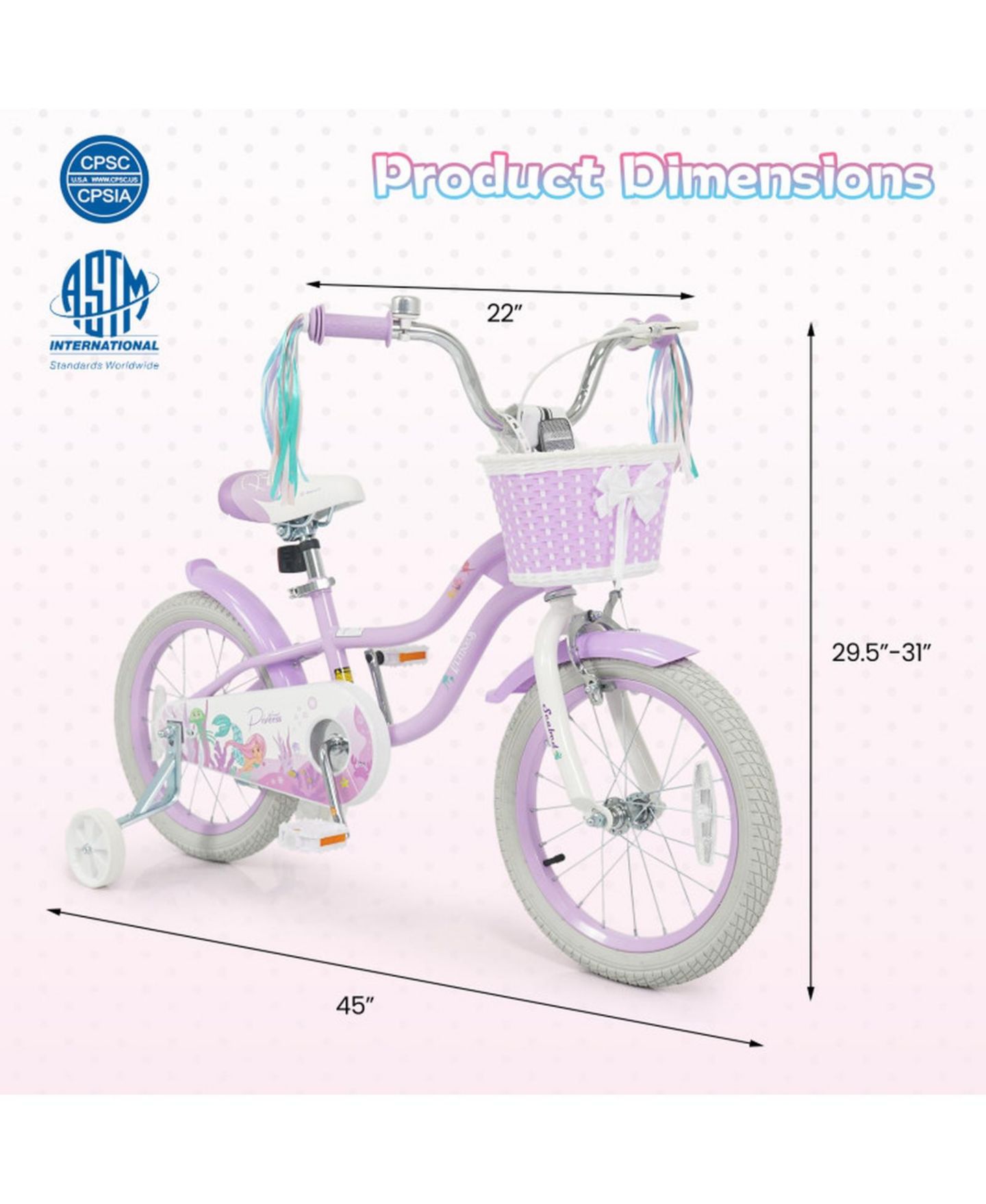 Детская игрушка HONGGE 16-Inch Girls Bike with Mermaid Streamers and Training Wheels, Ages 4-7, цвет: Фиолетовый — фото 9