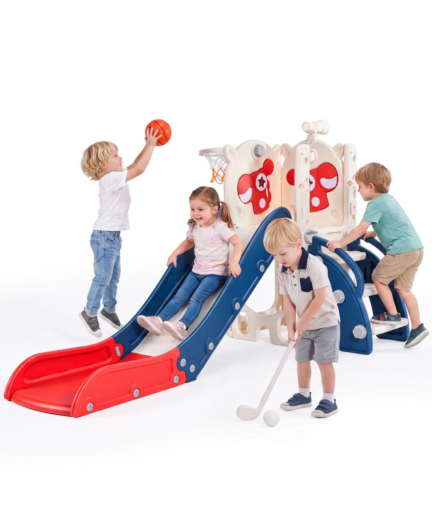 Детская игрушка SUGIFT 7-in-1 Toddler Slide with Basketball Hoop, Golf, Telescope and Hiding Area Play Set, Ages 1-3, цвет: Синий — фото 1