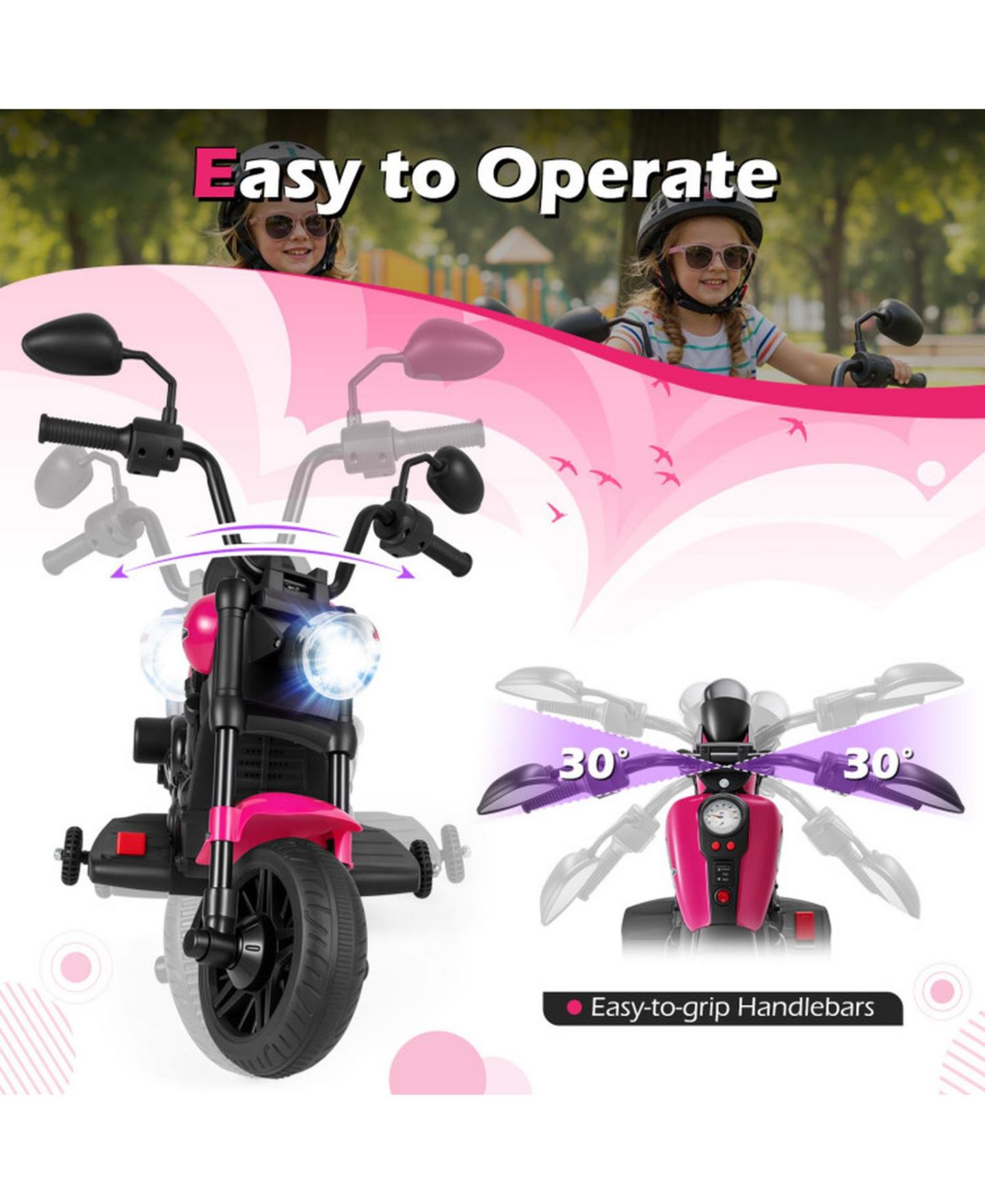 Детская игрушка HONGGE 6V Kids Electric Motorcycle with Headlight and Training Wheels, цвет: Розовый — фото 8
