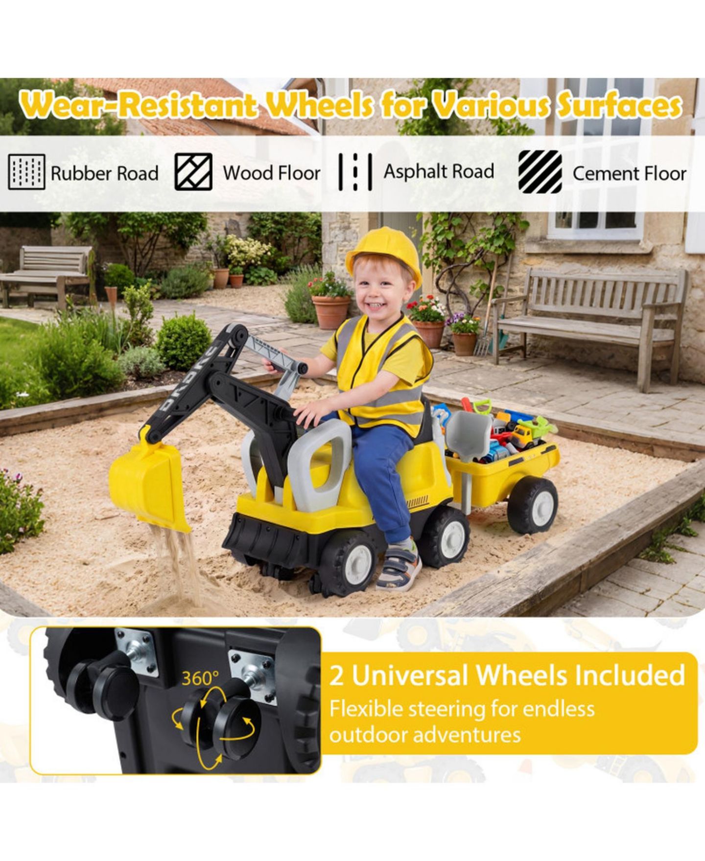 Детская игрушка HONGGE 2-In-1 Foot-to-Floor Ride-On Tractor with Digging Arm and Detachable Trailer, 50"L x 13"W x 23"H, 55 lb. Capacity, Ages 3+, цвет: Жёлтый — фото 5