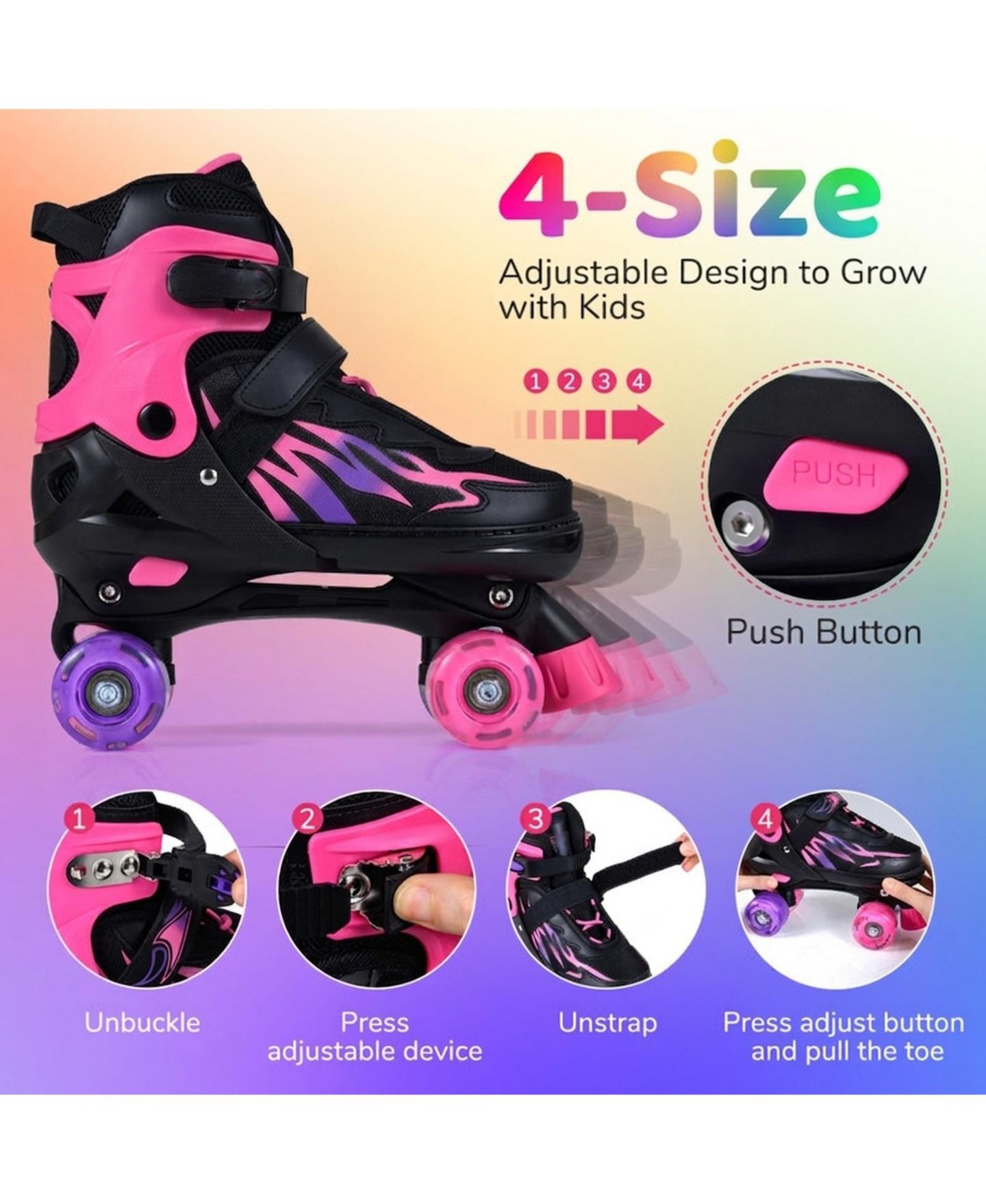 Детские игрушки HONGGE Teen Adjustable Quad Roller Skates with Light-Up Wheels, Ages 9+, цвет: Розовый — фото 4