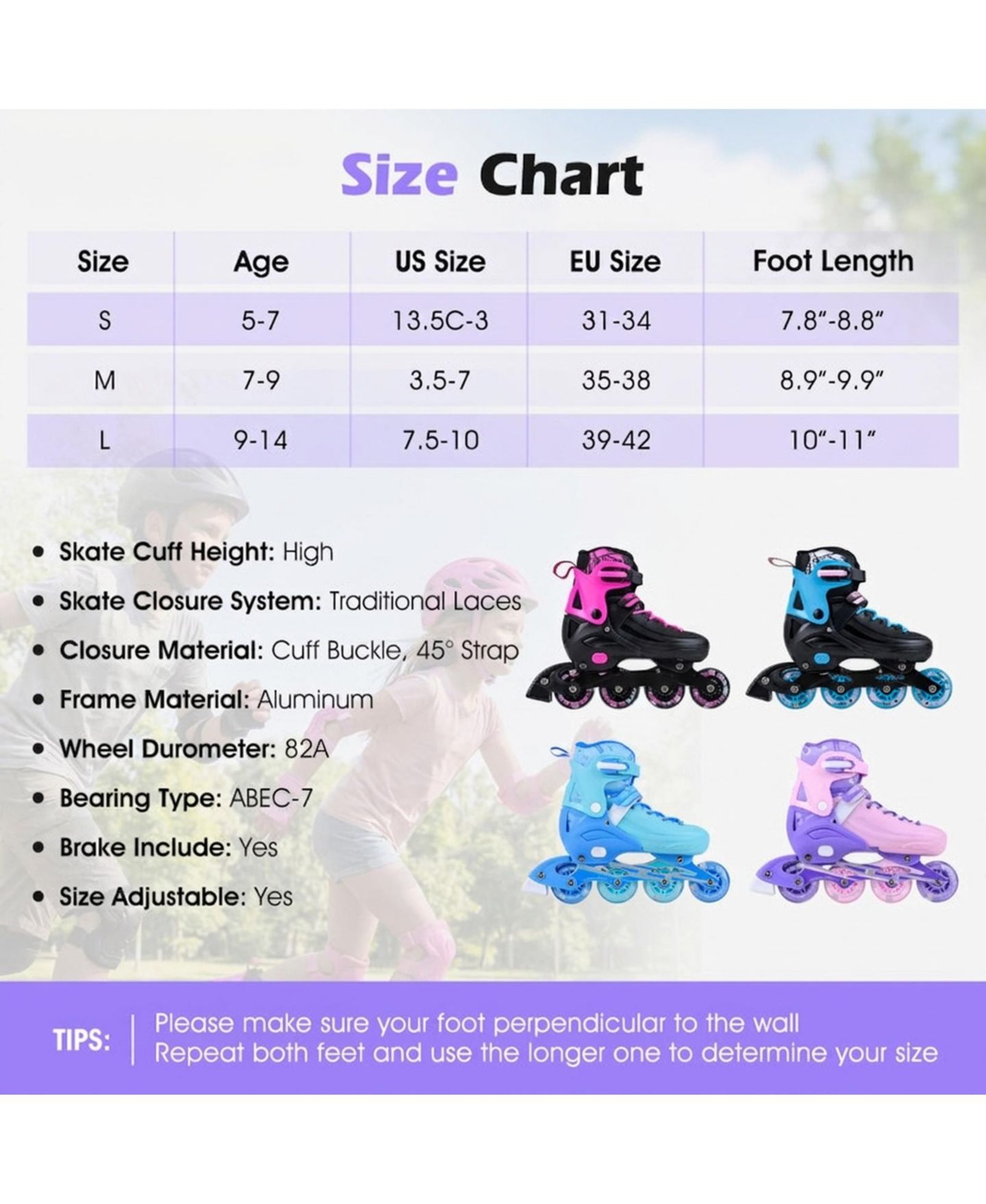 Детские игрушки HONGGE Adjustable Light-Up Kids Inline Skates, Ages 7+, цвет: Фиолетовый — фото 3