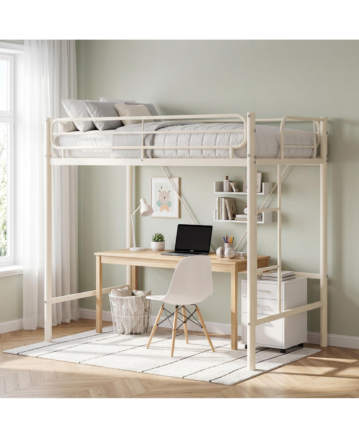 homfan Heavy Duty Twin Loft Bed, Metal Frame with 11.7" Guardrail, Space-Saving Underbed Workspace, 450 lbs Capacity, No Box Spring Needed