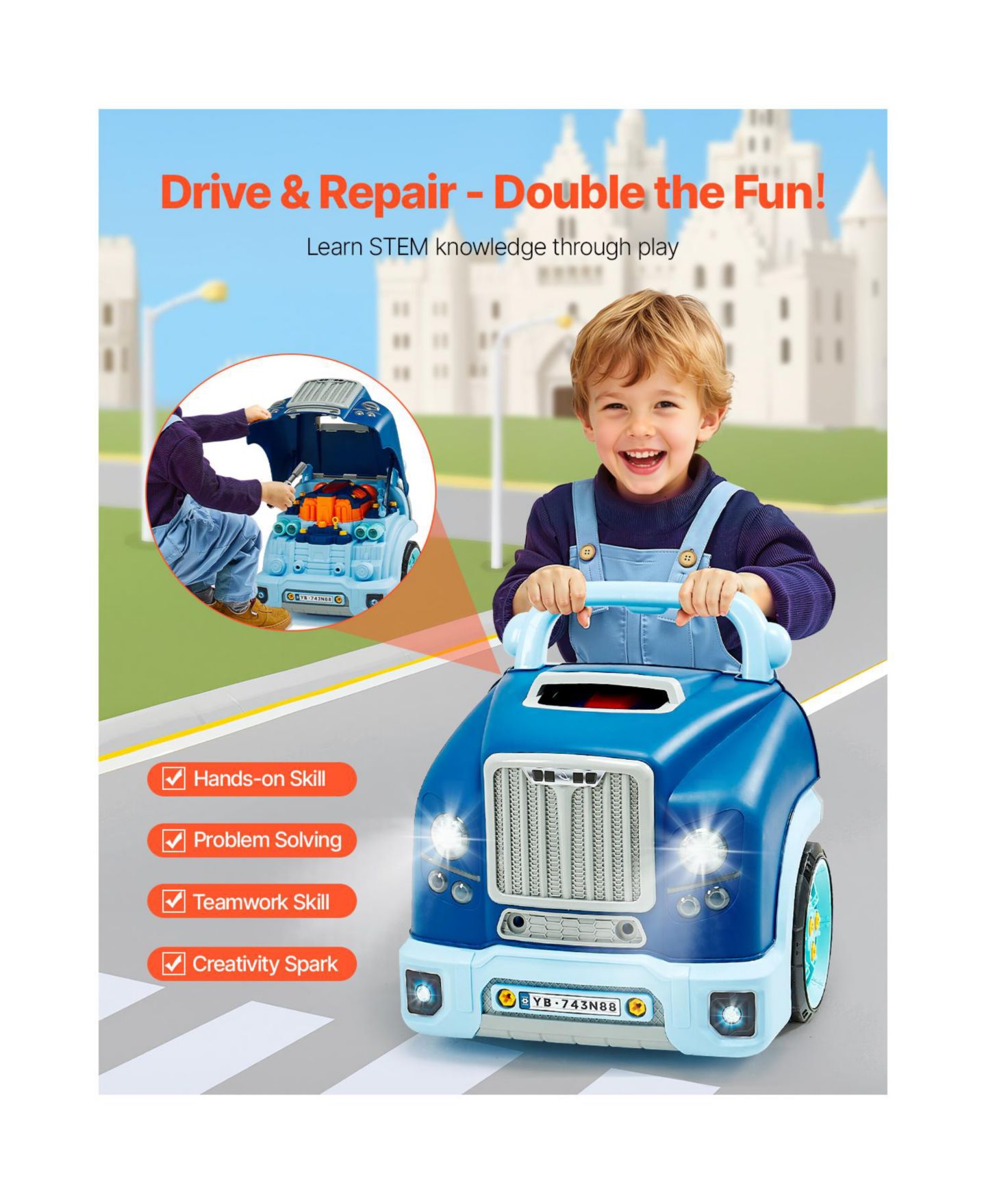 Детский игровой набор HONGGE Mechanic Engine Repair Electric Screwdriver 60-Piece Playset, Ages 3+, цвет: Синий — фото 2