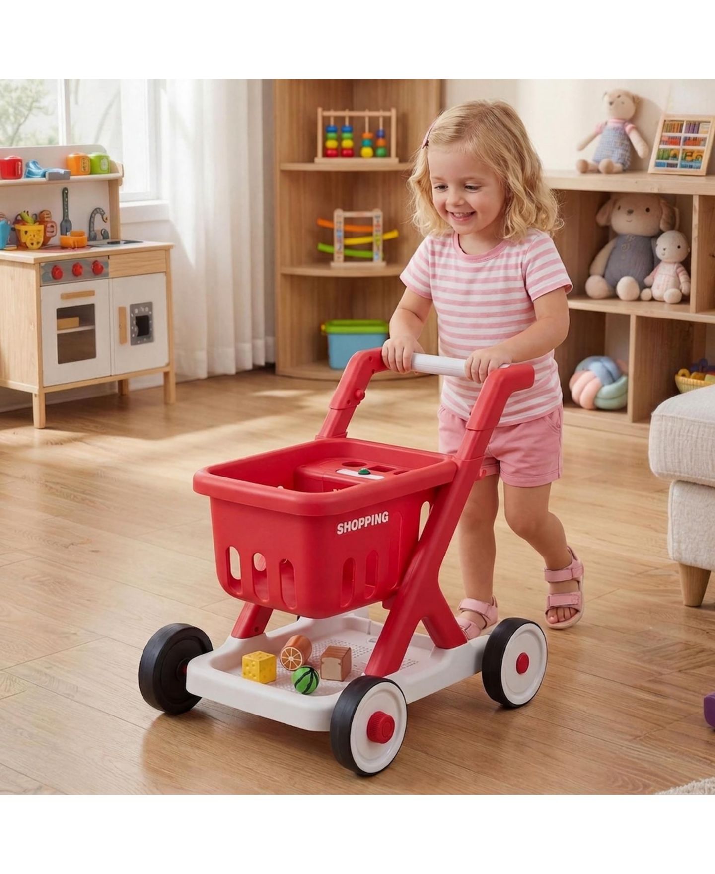 Детская игрушка HONGGE Scan and Sort Kids Shopping Cart with Pretend Food Light-Up Scanner and Adjustable Handle Ages 2 Plus, цвет: Красный — фото 6
