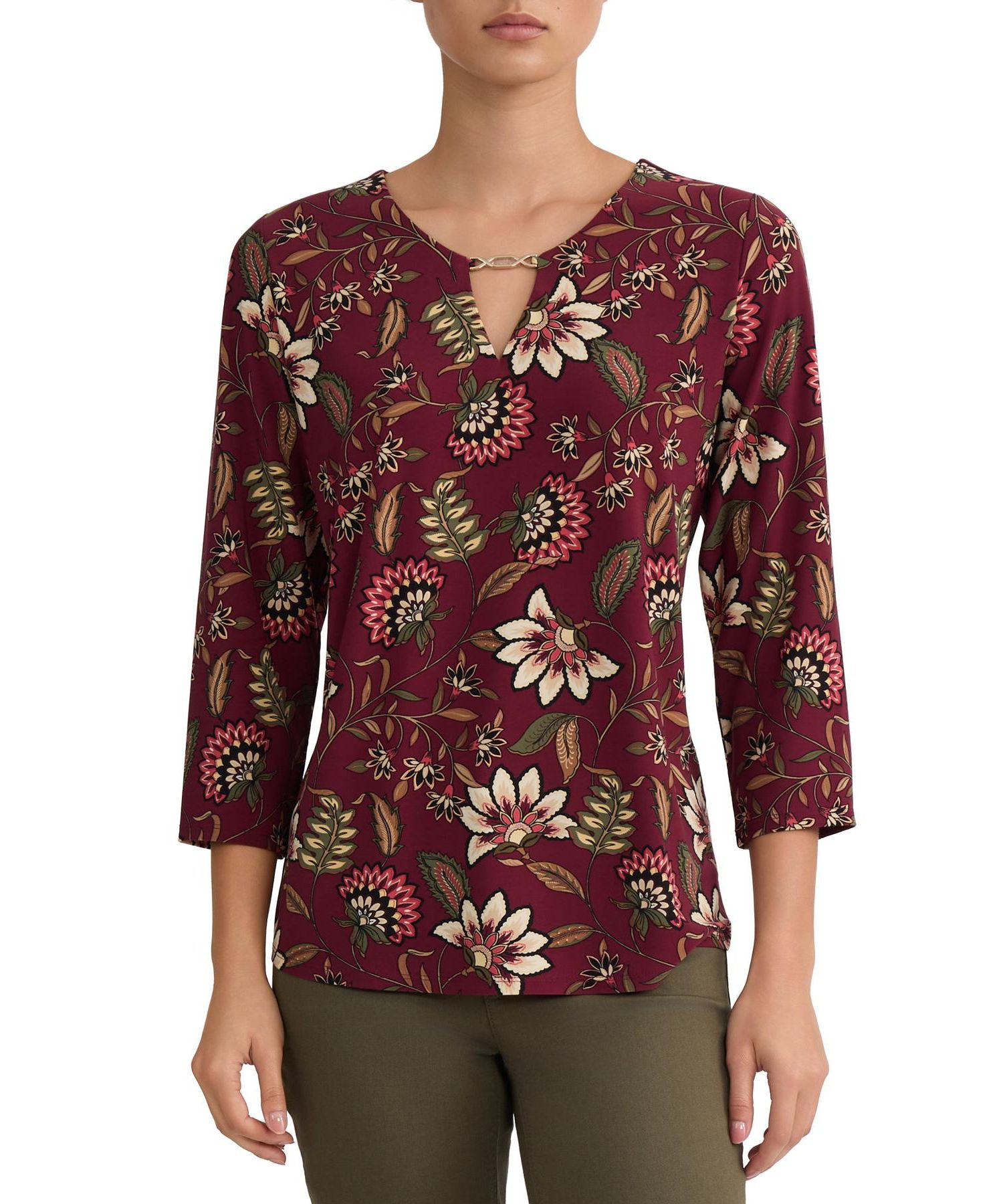Women's Floral-Print V-Neck 3/4-Sleeve Buckle Trim Blouse