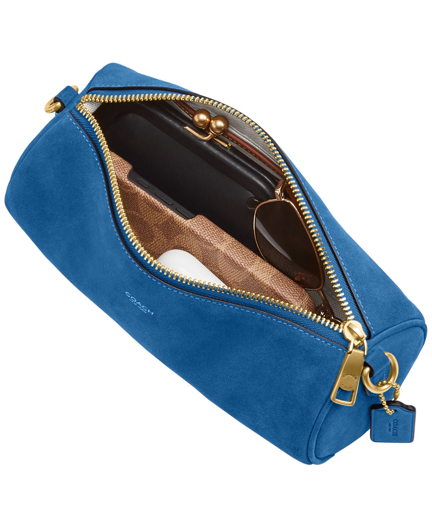Женская сумка COACH Barrel Small Suede Slim Shoulder, цвет: Латунный / Синий — фото 9