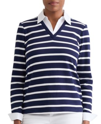  Women's Long-Sleeve Striped V-Neck T-Shirt
