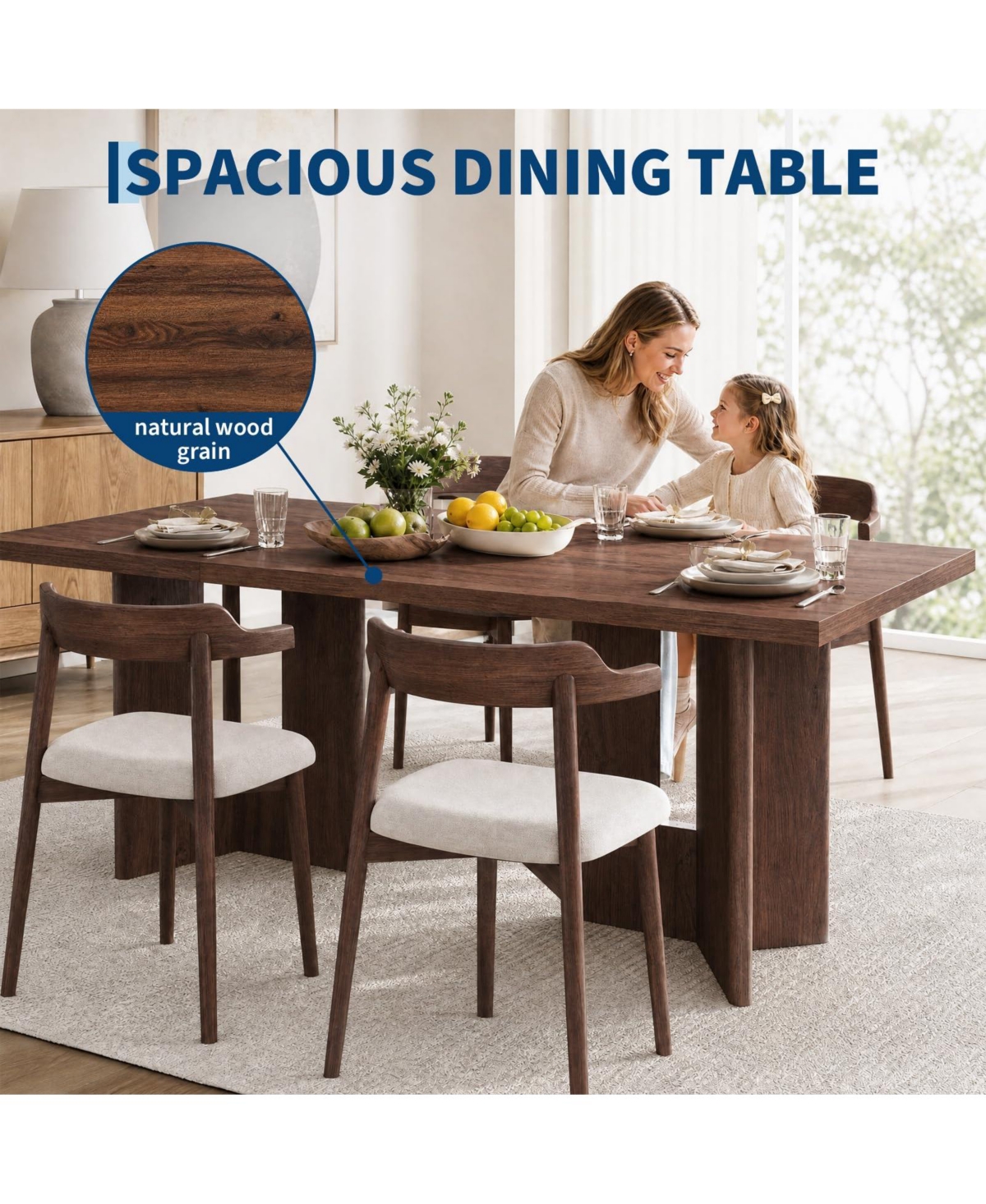 homfan 78'' Large Rectangular Dining Table for 6-8 People, Double Pedestal Base Kitchen Easy-Clean Top Multi-Purpose Indoor Use