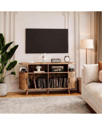 Round Mid-Century TV Stand and Media Console with Vinyl Storage and Charging Station, Open Shelves