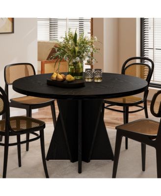 Modern Round Dining Table with Thickened Tabletop, Geometric Pedestal Base and Adjustable Foot Pads