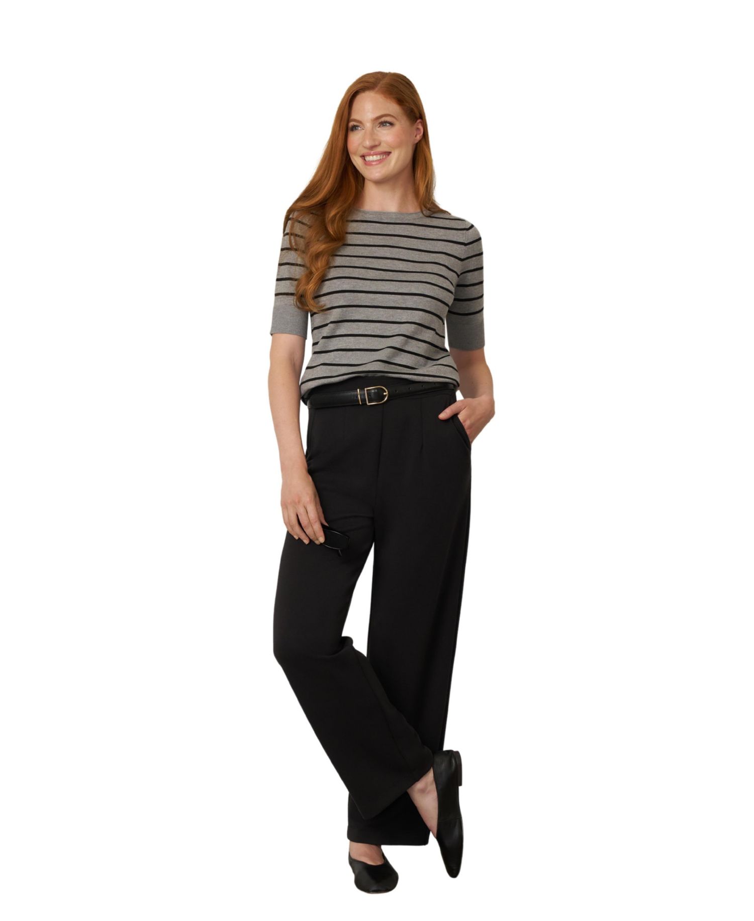 Women's Stripe Ballet Neckline Elbow-Length Sweater