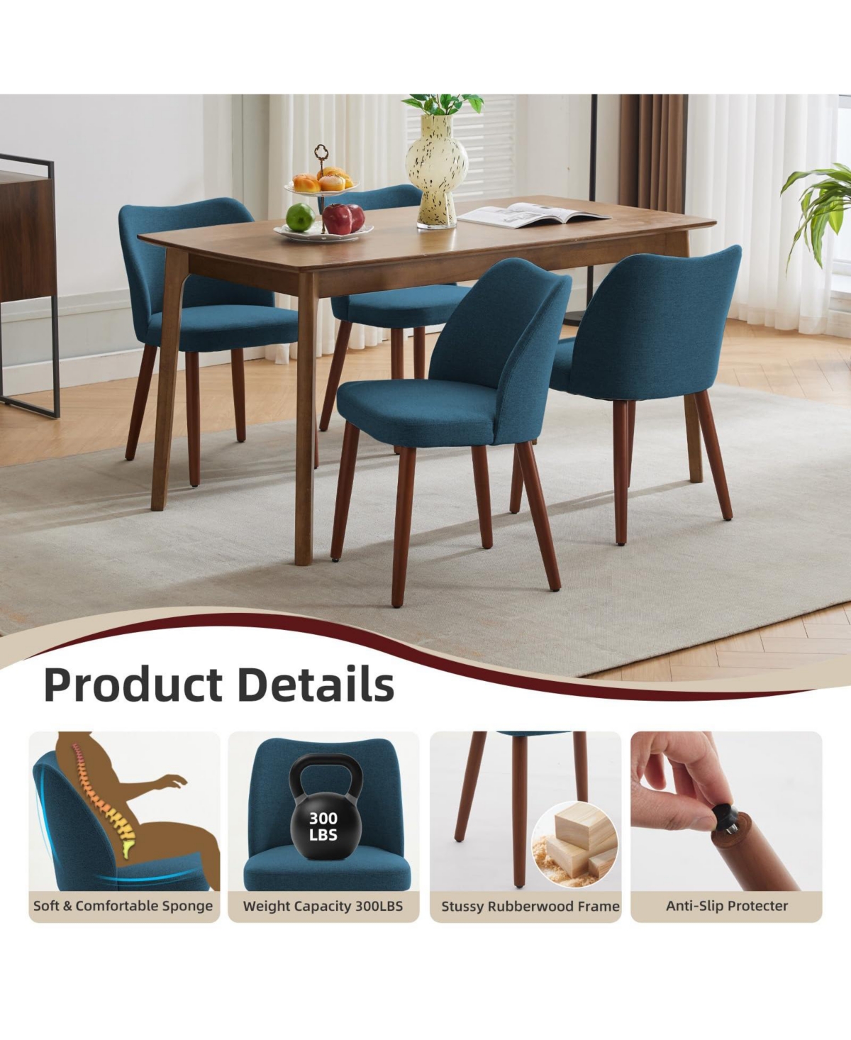 homfan Set of 6 Upholstered Dining Chairs with Wingback Design, Thick Cushioned Seats, Sturdy Wood Legs & Leveling Feet