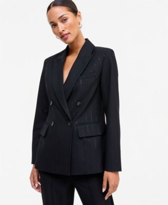 Women's Double-Breasted Sequin Embellished Pinstripe Blazer