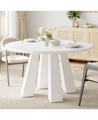 Modern Farmhouse Round Dining Table for 4-6 - Walnut Wood, Robust 4-Leg Base - Space-Saving Circle Table for Kitchen, Dining Room, Apartment