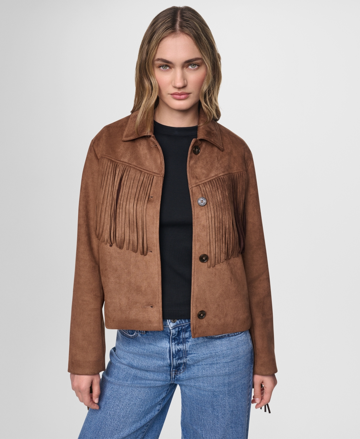 Dkny Jeans Women's Fringe Detail Collared Button-Front Jacket