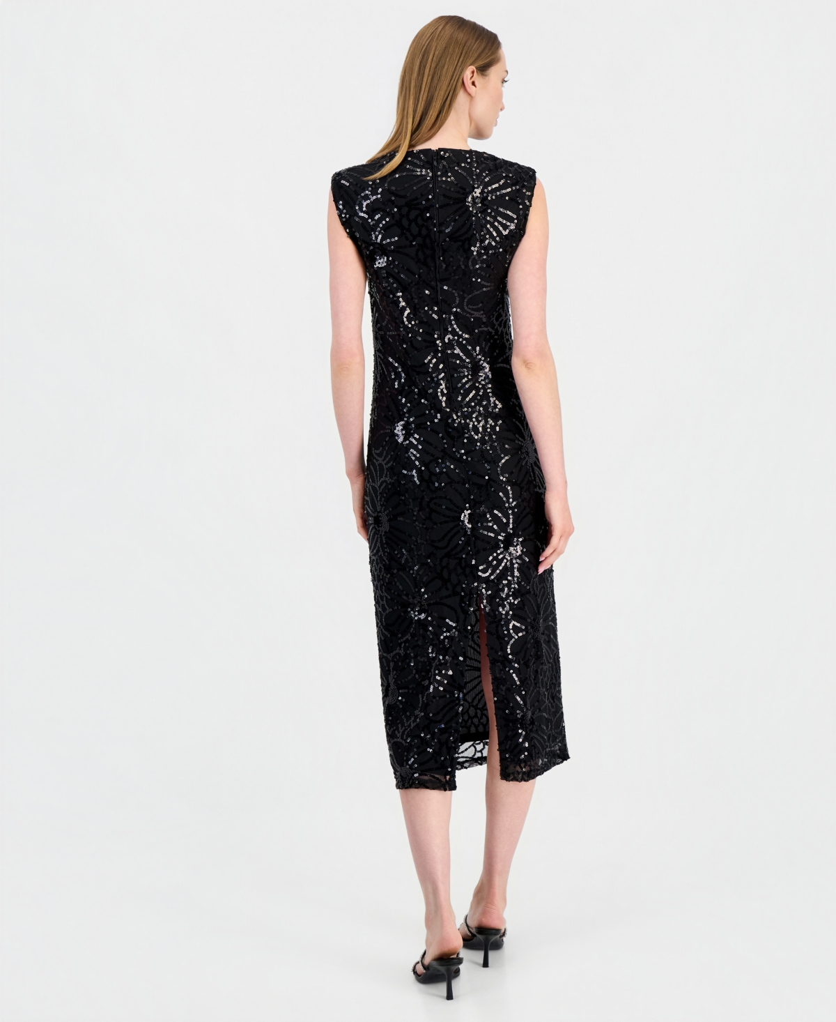 Anne Klein Women's Sleeveless Floral-Sequin Draped-Neck Midi Dress