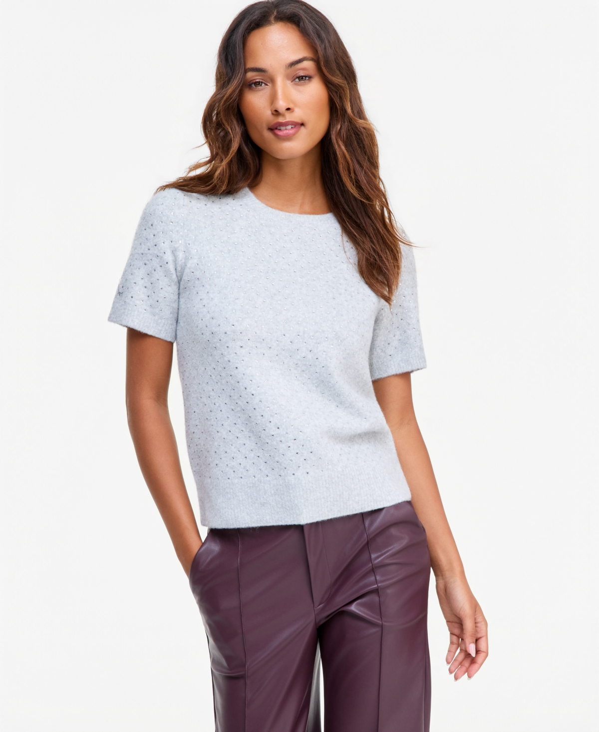 Inc International Concepts Women's Short-sleeve Crystal-embellished Sweater, Macy's Exclusive In Lt Grey Hthr