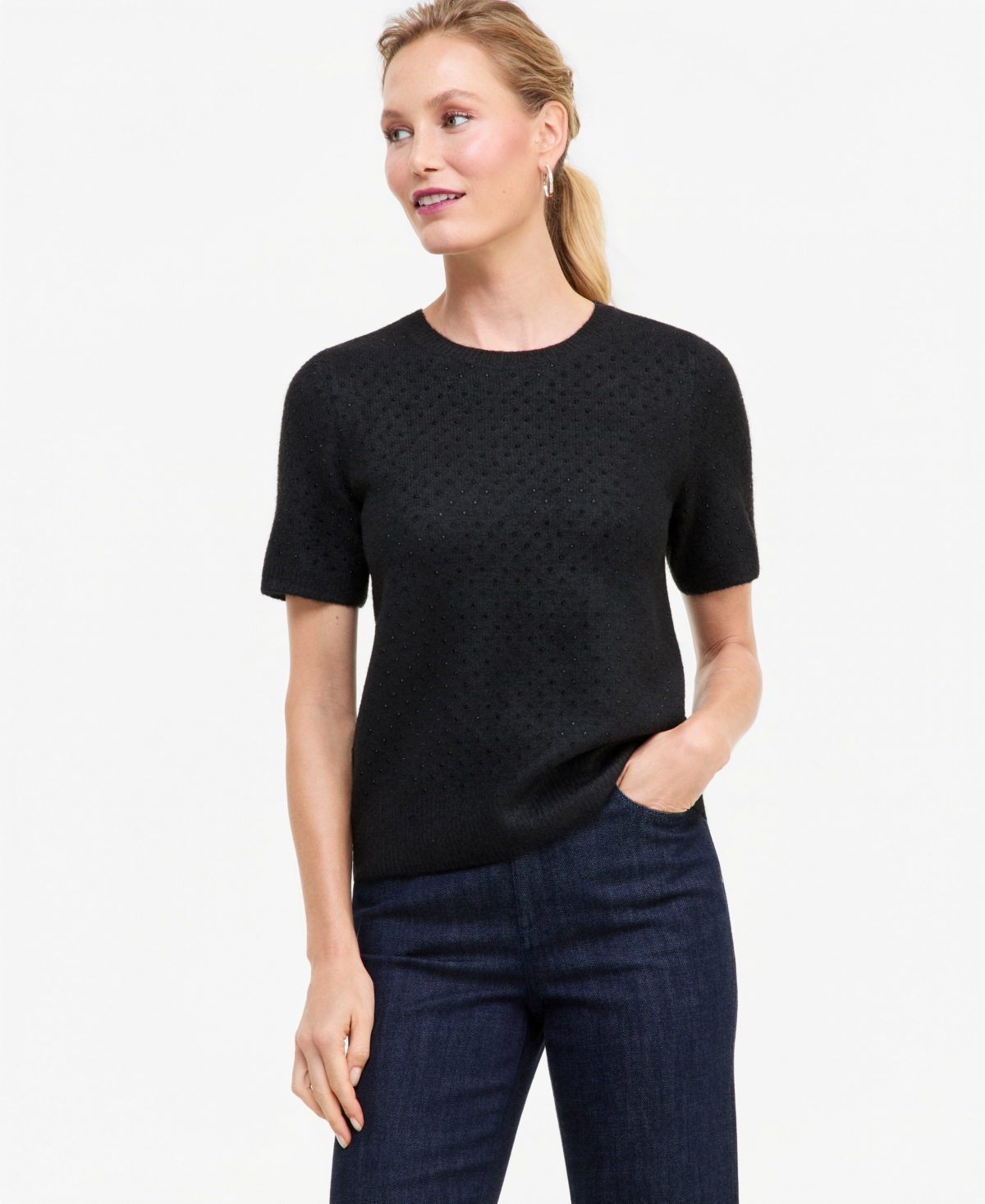 Inc International Concepts Women's Short-sleeve Crystal-embellished Sweater, Macy's Exclusive In Deep Black