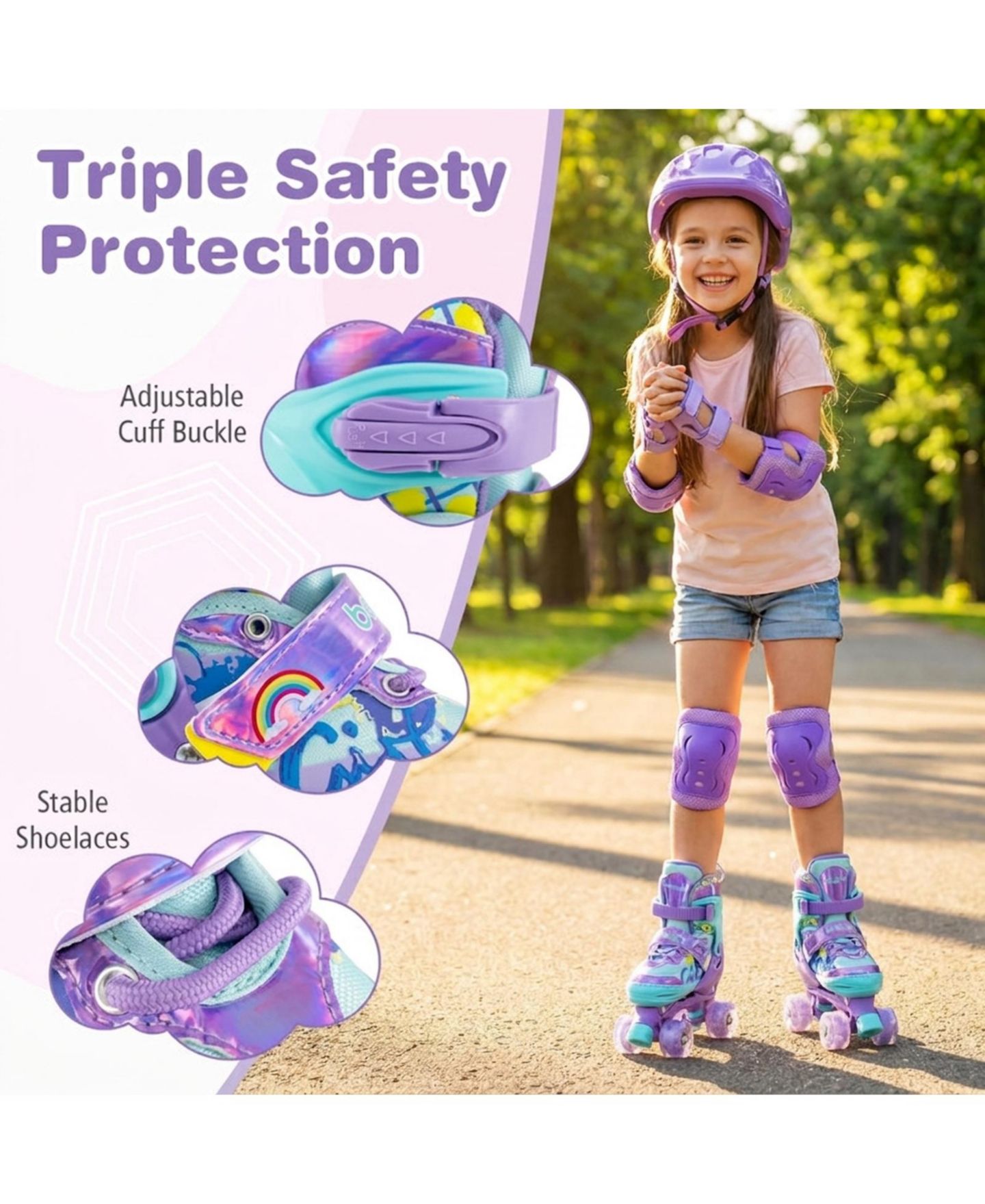 Детские игрушки HONGGE 4-Size Adjustable Light-Up Wheels Kids Roller Skates, Ages 7+, цвет: Фиолетовый — фото 5