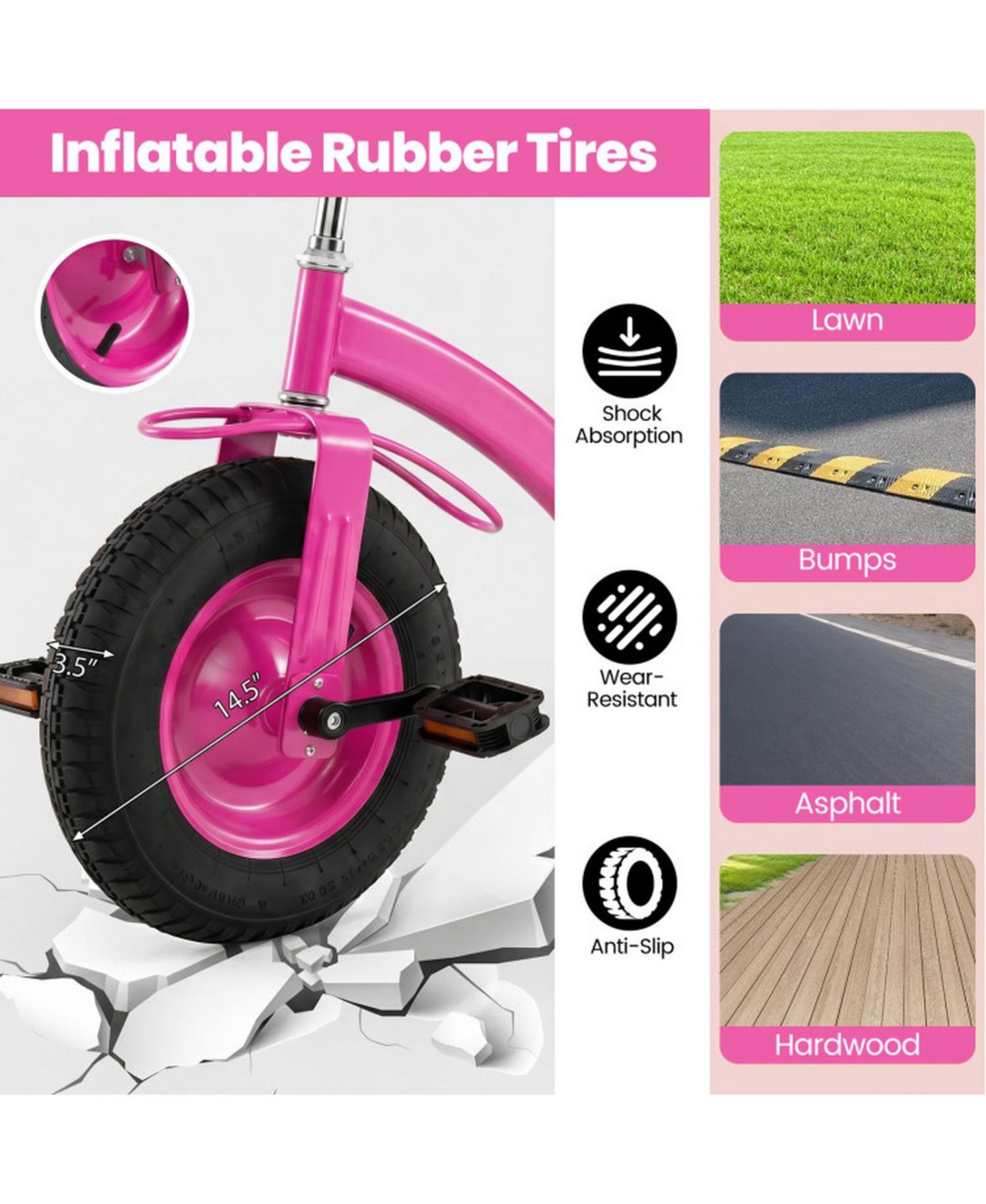 Детская игрушка HONGGE Kids Tricycle with Inflatable Rubber Tires and Wooden Basket, 200 lbs Capacity, Ages 3+, цвет: Розовый — фото 6