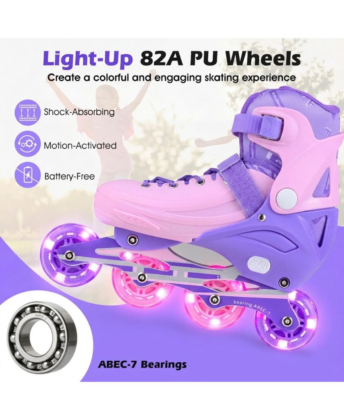 Детские игрушки HONGGE Light-Up Adjustable Inline Skates, Sizes 13.5C-3, Ages 5-7, цвет: Фиолетовый — фото 6