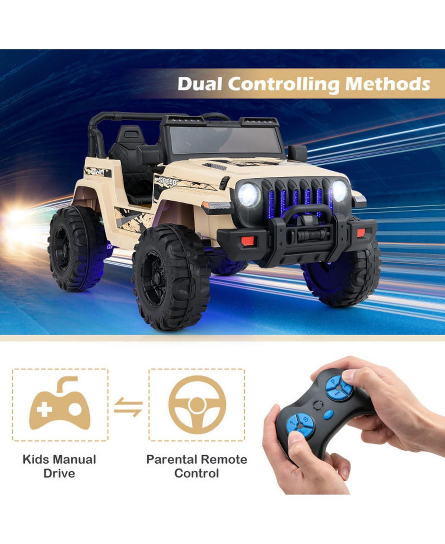 Детская игрушка HONGGE 12V Kids Ride-On Jeep Car with Parental Remote Control and LED Lights, 44"L x 30"W x 26.5"H, 77 lbs, Ages 3+, цвет: Натуральный — фото 4