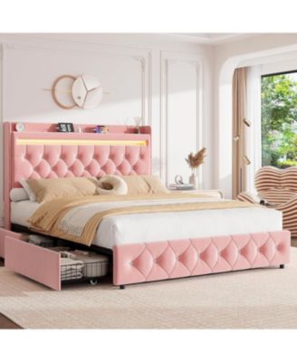 Queen Size Pink Velvet LED Platform Bed with Storage Headboard, Charging and 2 Drawers