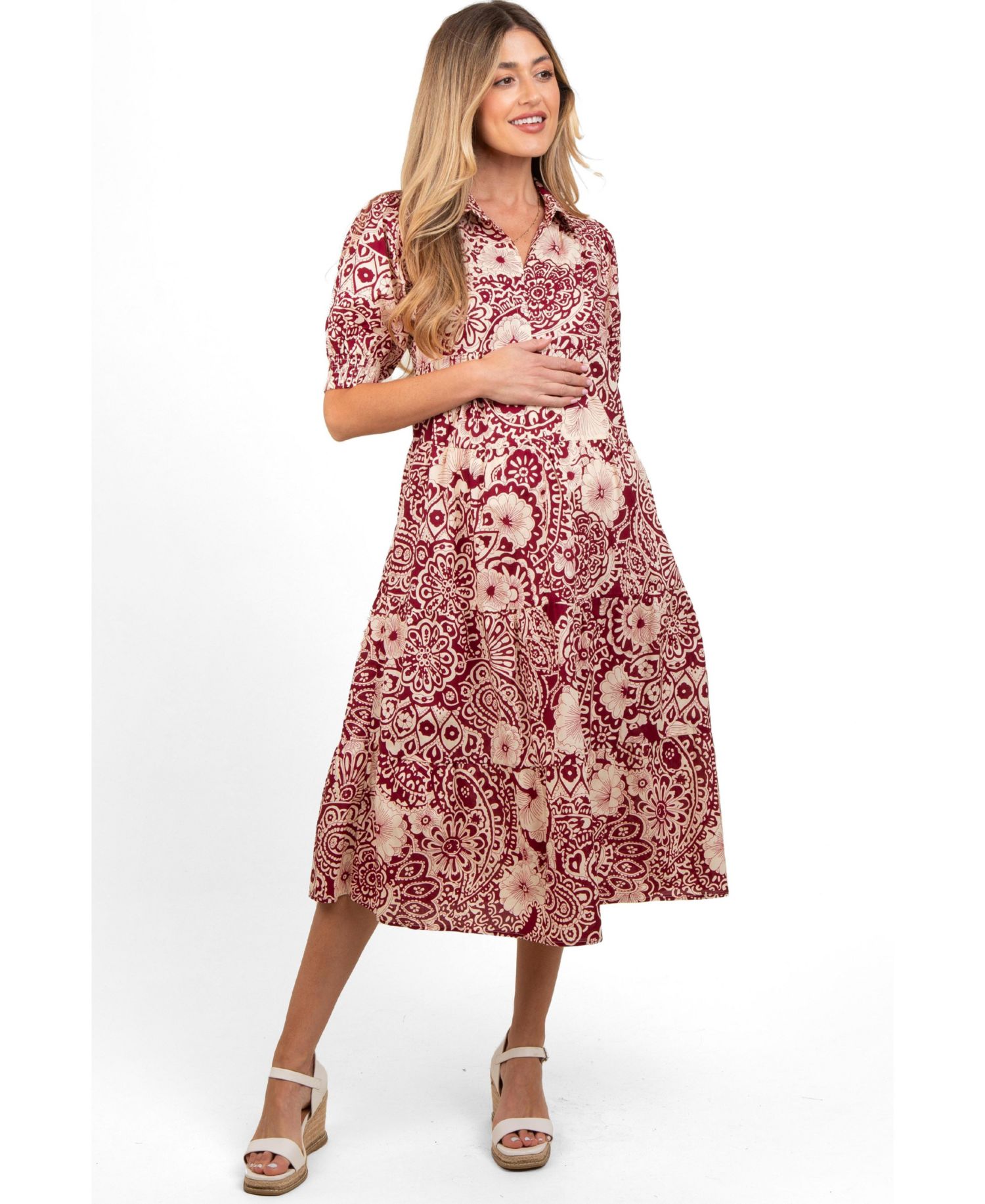 Women's Burgundy Floral Collared Tiered Midi Dress