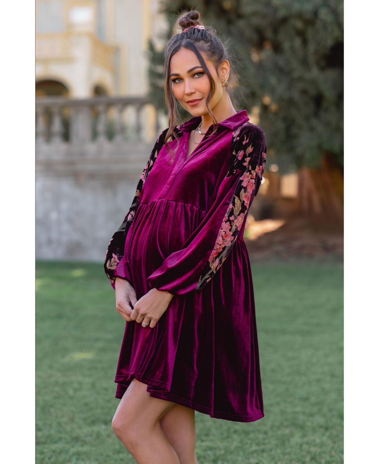Maternity Velvet Floral Long-Sleeve Dress