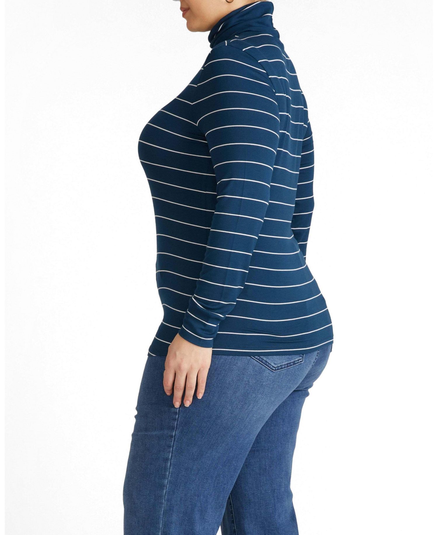 Plus Size Fine-Rib Striped Turtleneck