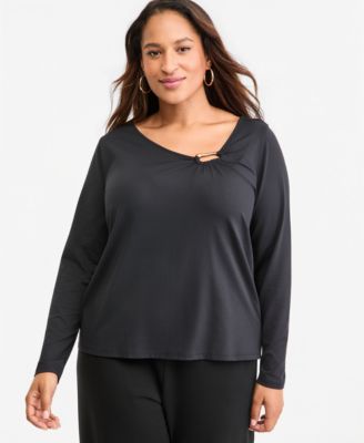 Plus Size Hardware Scoop Neck Long-Sleeve Blouse