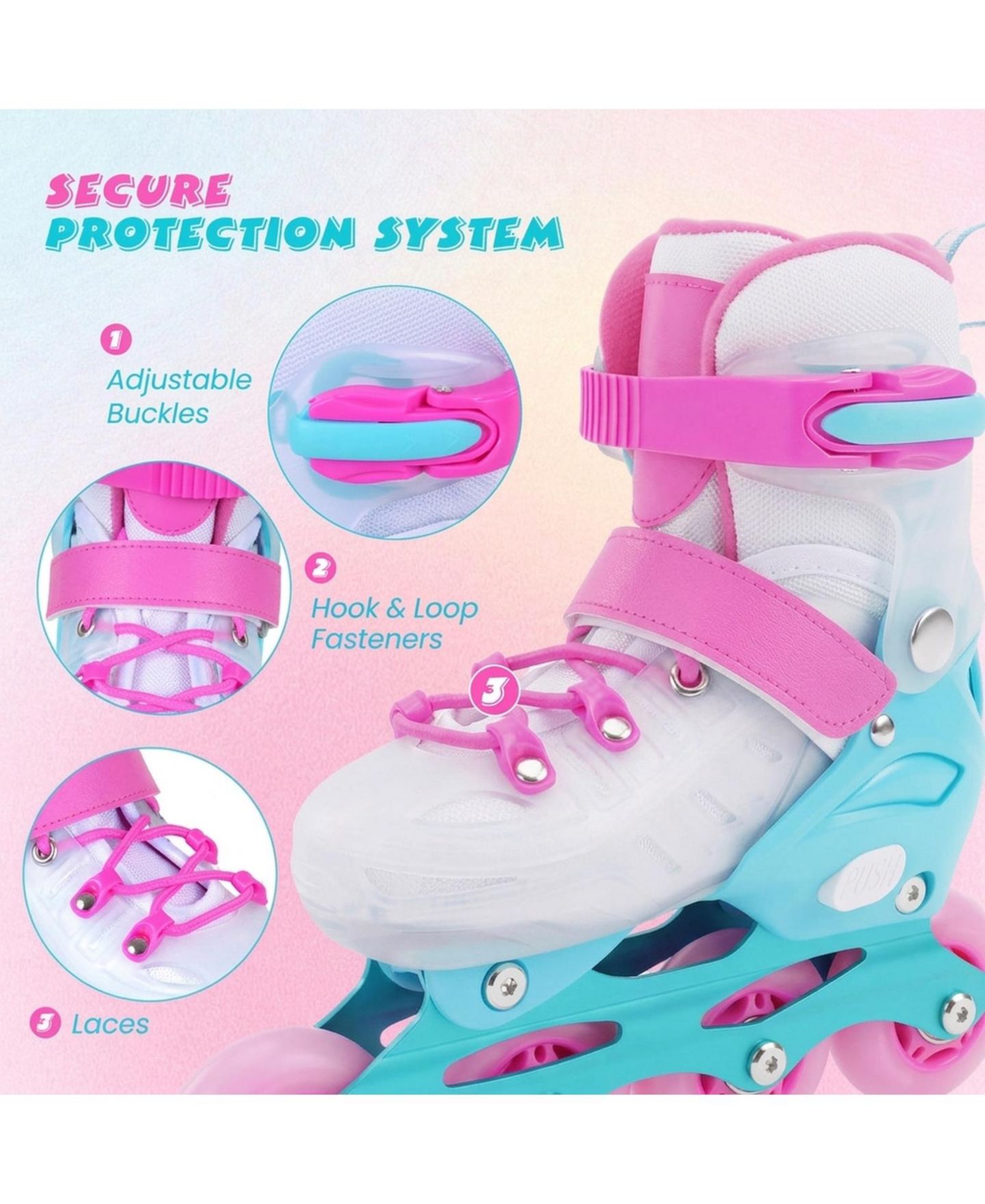 Детские игрушки HONGGE 4-Size Adjustable Inline Skates with Light-Up Wheels, Ages 7-9, цвет: Синий / Розовый — фото 8
