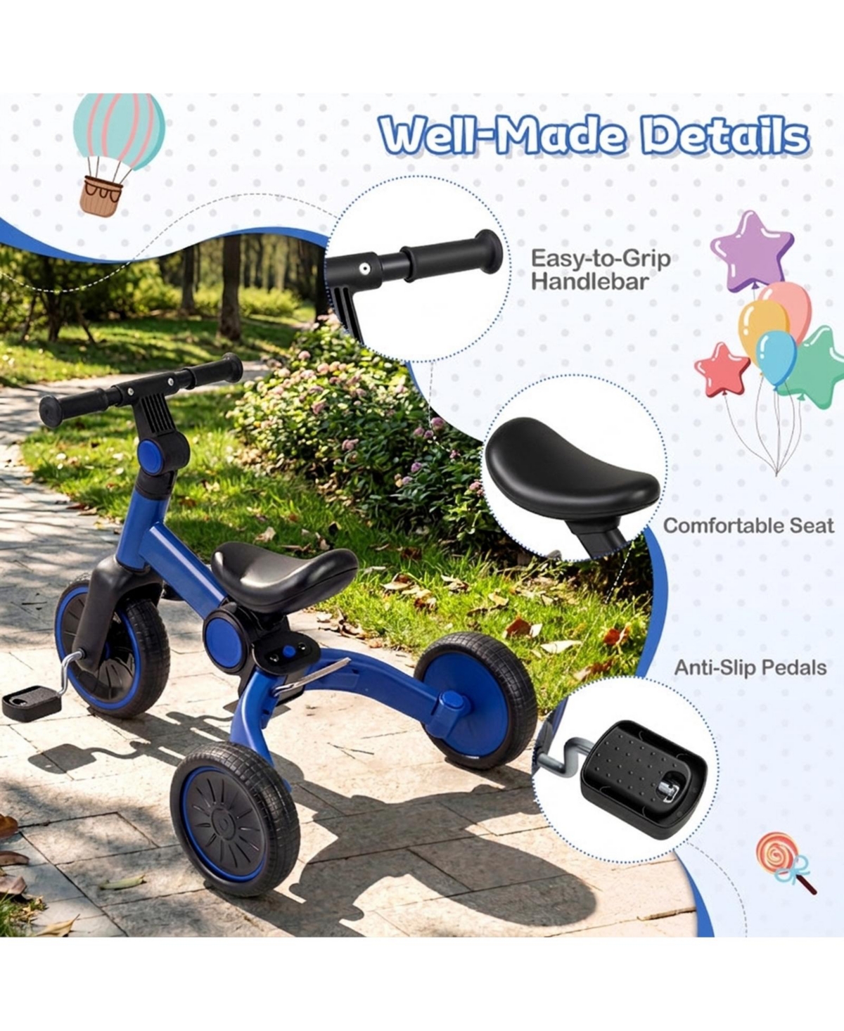 Hongge 5-in-1 Toddler Balance Bike with Removable Pedals and Adjustable Handlebar, 66 lb. Capacity, Ages 2-4