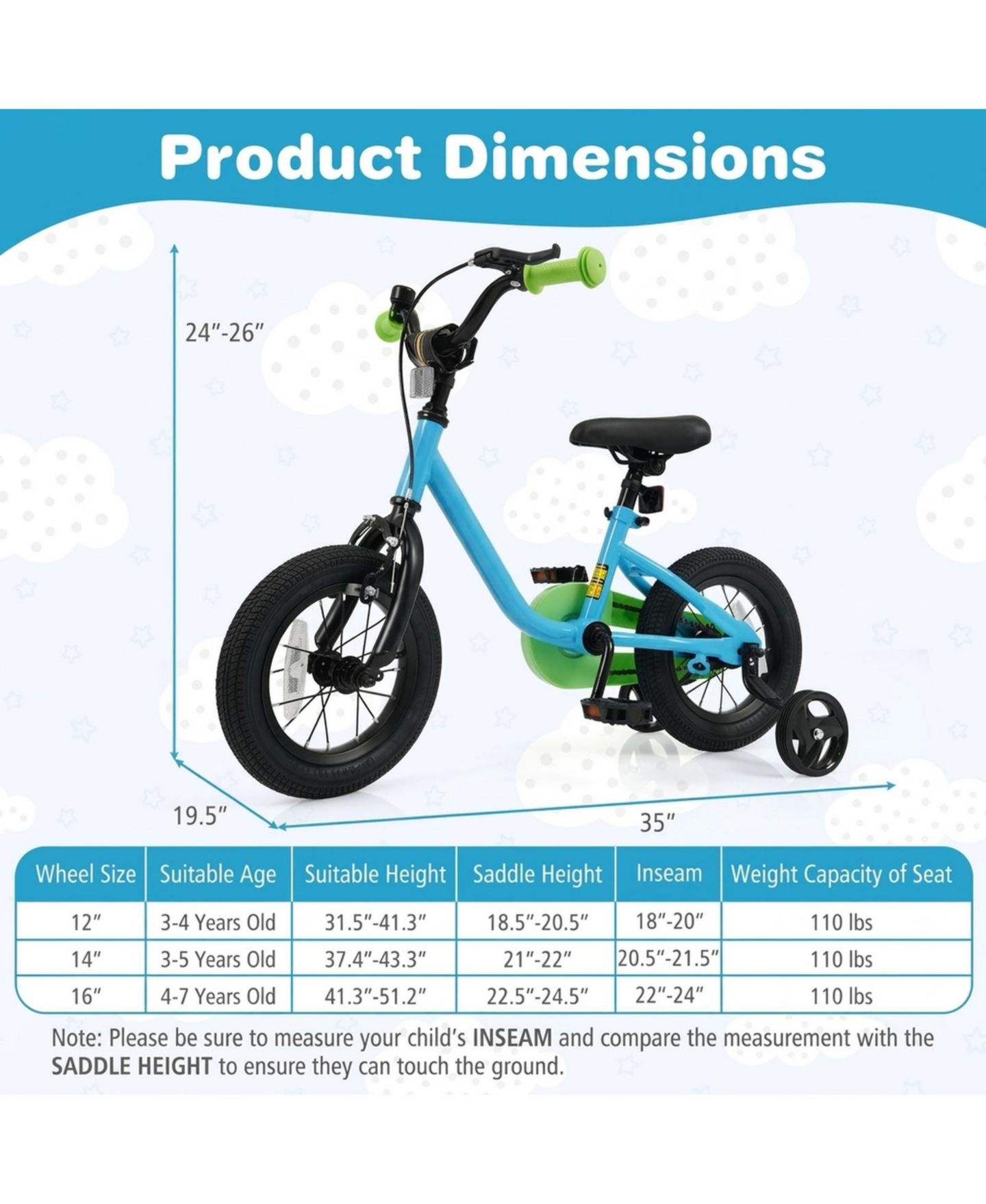 Детская игрушка HONGGE 12-Inch Kids Bike with Training Wheels Adjustable Seat and Dual Brakes Ages 3-4, цвет: Синий — фото 2