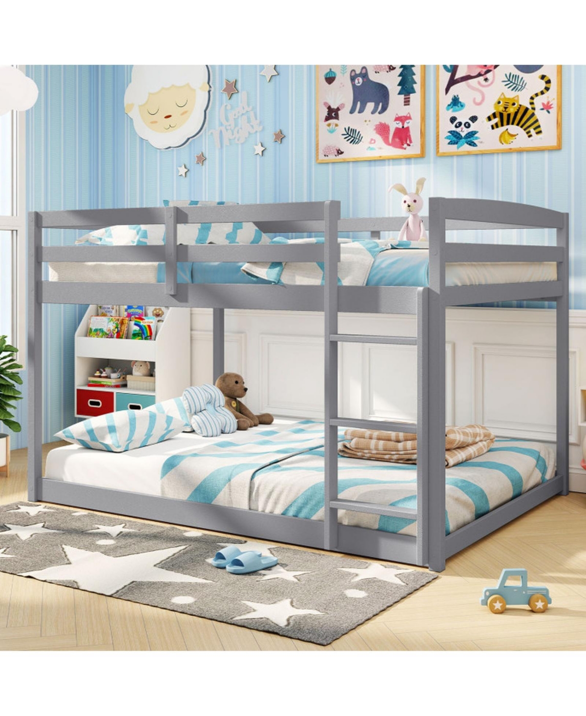 Sugift Full over Full Low-to-Ground Bunk Bed with Guardrails and Ladder